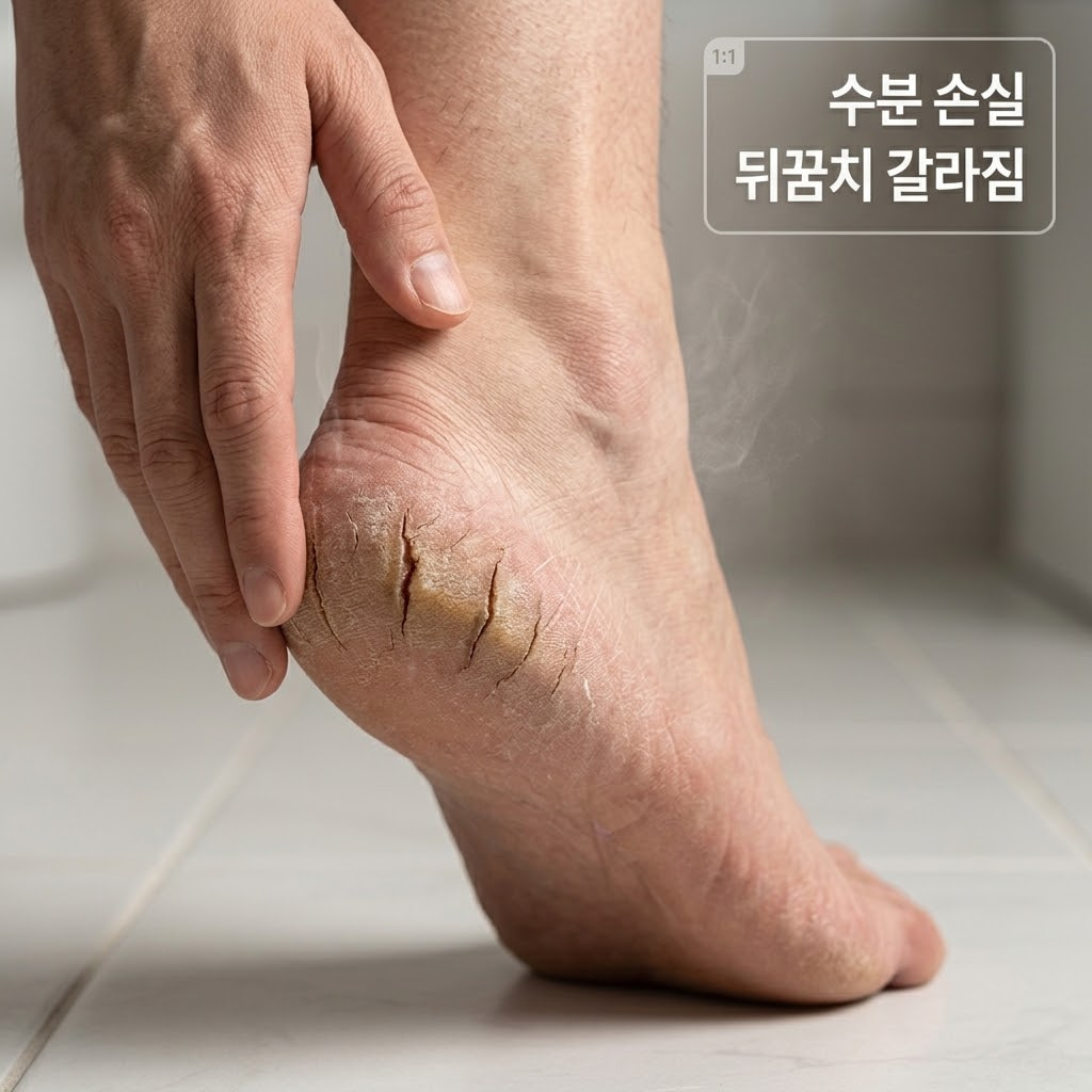 발뒤꿈치 갈라짐 관리: 건조한 발 건강을 돕는 올바른 발각질 보습 루틴 발뒤꿈치 갈라짐 및 건조한 발 건강 관리. 발각질 보습을 위해 영양감 있는 풋크림을 바르는 치유 풋케어 루틴.