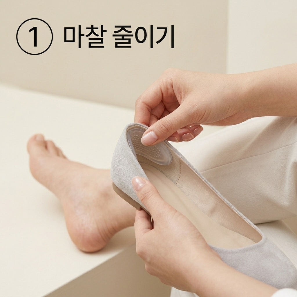 풋크림 전 발뒤꿈치 마찰을 줄이기 위해 두 손으로 신발 뒤축에 부드러운 보호 패드를 꼼꼼하게 부착하는 모습.