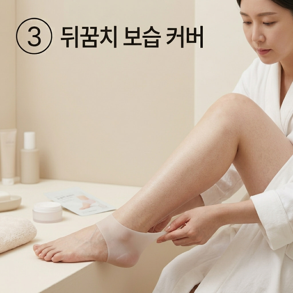 수면양말의 답답함을 피하기 위해 두 손으로 발뒤꿈치에만 씌우는 전용 보습 커버를 부드럽게 당겨 착용하는 모습.
