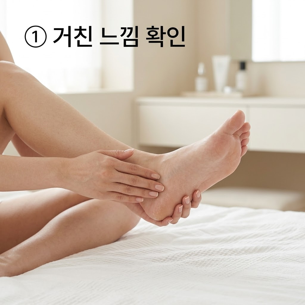 발뒤꿈치 거친 느낌 변화를 확인하기 위해 두 손으로 이불 위에 앉아 뒤꿈치 표면을 부드럽게 만져보는 모습.