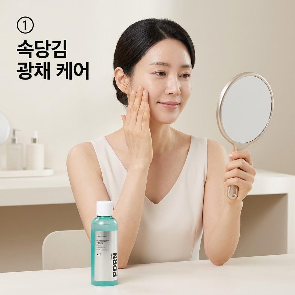 속당김과 푸석함을 해결하기 위해 두 손으로 수분감이 가득한 광채 토너를 건조한 양 볼에 부드럽게 흡수시키는 모습.