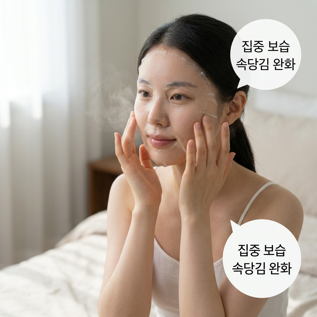 건조 피부 보습 관리를 위해 화장대 앞에서 두 손으로 랩핑 마스크팩 용기를 잡고 촉촉한 제형을 볼 전체에 얇게 펴 바르는 과정.
