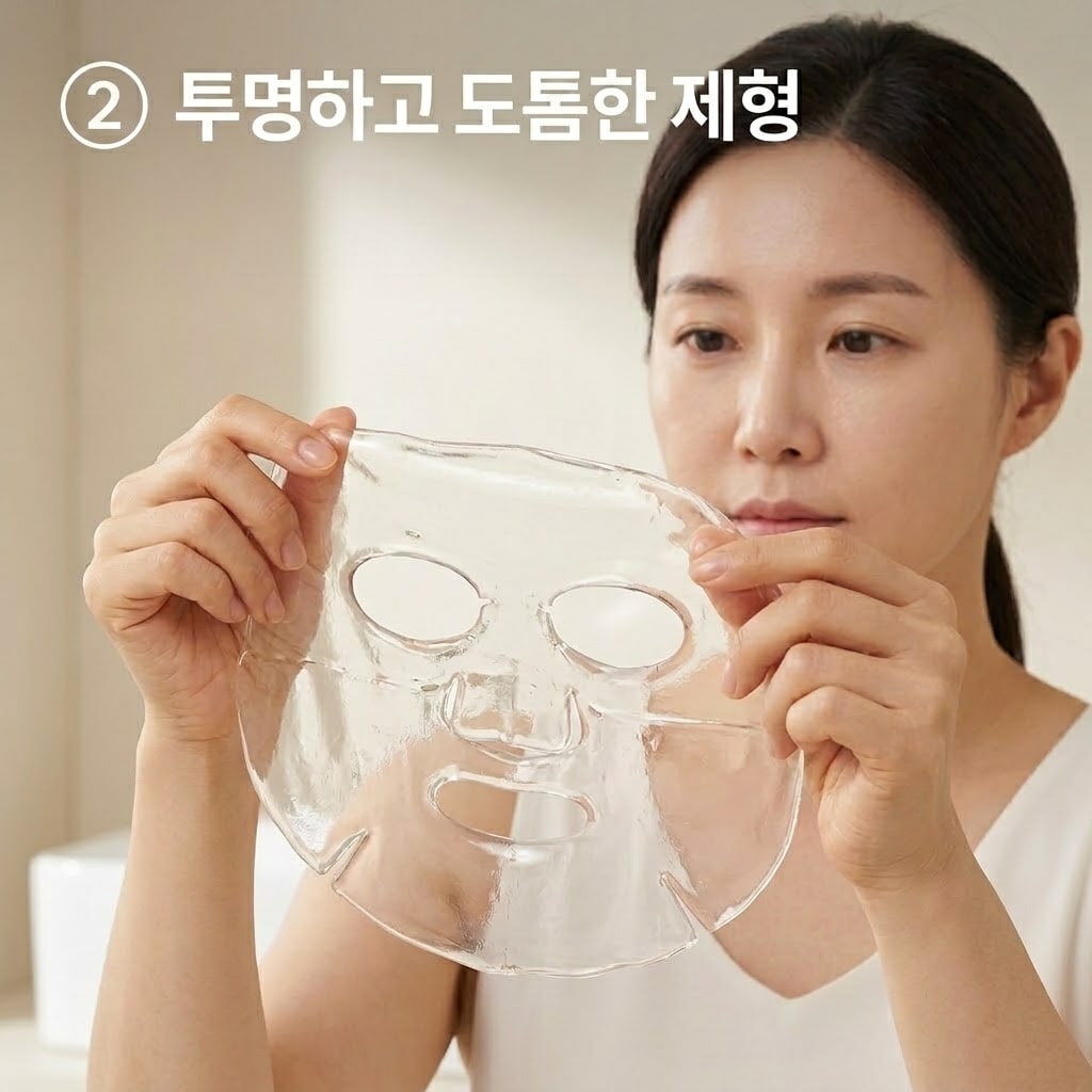 하이드로겔 마스크팩 밀착감을 높이기 위해 두 손으로 볼과 팔자 부위에 부드럽게 달라붙은 팩의 들뜬 부분을 가볍게 눌러주는 모습.