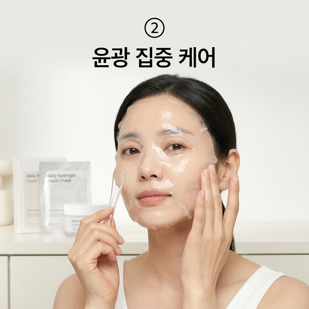 윤광 집중 케어 하이드로겔 마스크 중요한 약속 전 피부 윤광과 결 정돈을 위해 두 손으로 도톰한 하이드로겔 마스크를 얼굴에 꼼꼼히 붙이는 모습.