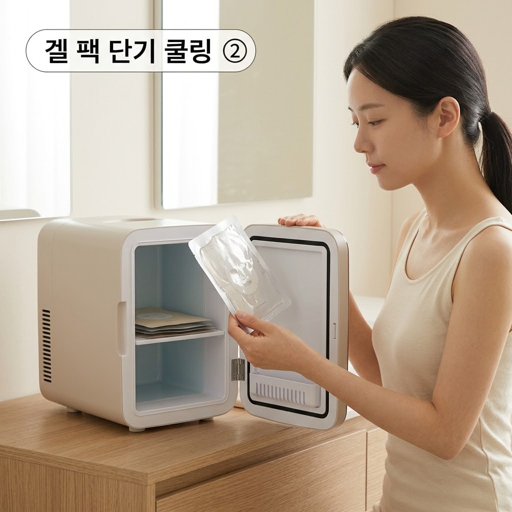 냉장 하이드로겔 마스크팩 상태 확인 하이드로겔 마스크팩 단기 냉장 후 피부 밀착력을 높이기 위해 두 손으로 팩을 들어올려 겔의 유연한 상태를 확인하는 모습.