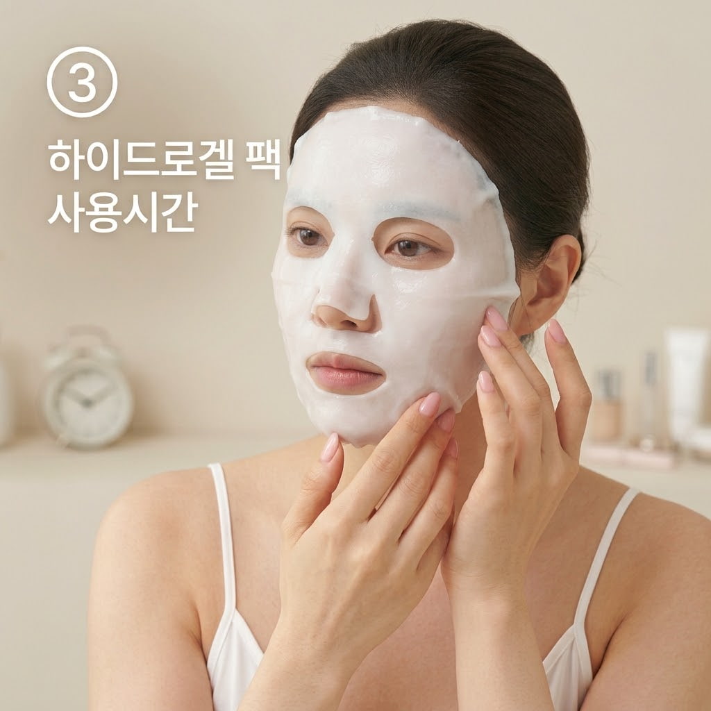 하이드로겔 마스크팩 사용시간 기준을 판단하기 위해 두 손으로 볼에 밀착된 겔 시트가 얇아졌는지 가장자리를 가볍게 만져 점검하는 모습.