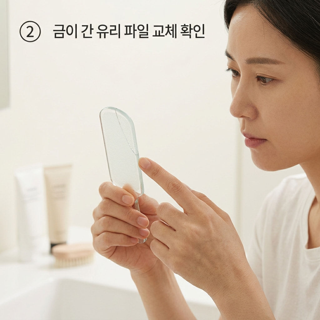 금이 간 유리 파일로 인한 피부 상처를 예방하기 위해 두 손으로 파일의 테두리를 조심스럽게 만지며 미세한 균열이나 파손 여부를 확인하는 모습.