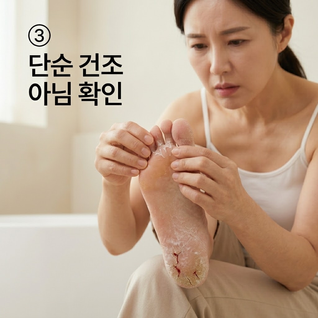 발뒤꿈치 통증 원인을 파악하기 위해 두 손으로 발가락 사이의 피부 벗겨짐과 깊게 갈라진 뒤꿈치 상처를 신중하게 점검하는 모습.