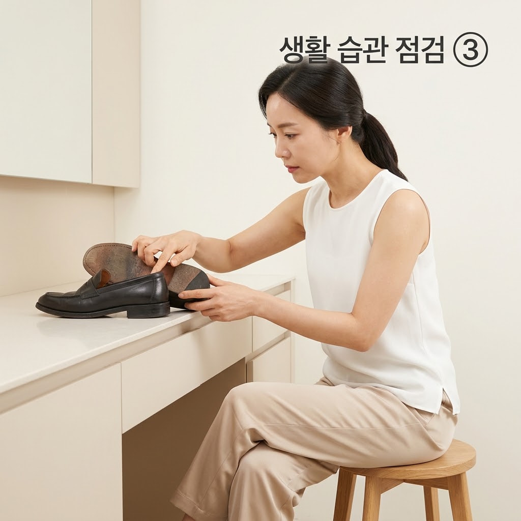 발뒤꿈치 갈라짐 원인을 점검하기 위해 두 손으로 자주 신는 딱딱한 신발의 굽과 바닥면을 꼼꼼하게 만져보는 모습.