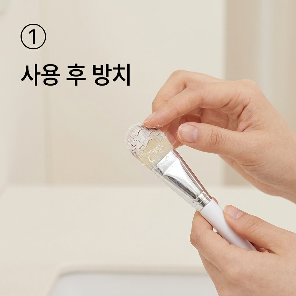 필오프팩 브러쉬 방치로 인한 손상을 막기 위해 두 손으로 굳어버린 잔여물이 남은 브러쉬 상태를 꼼꼼하게 살펴보는 모습.