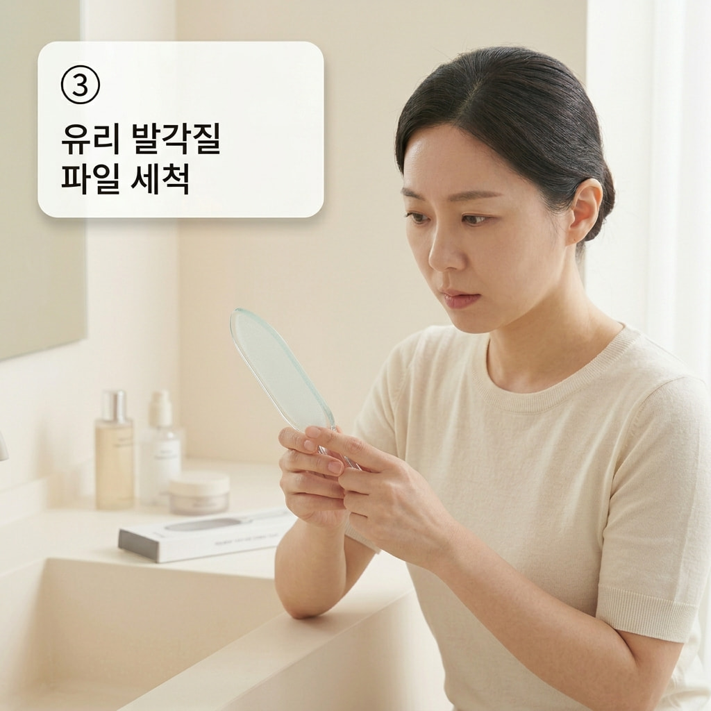 녹이나 변색이 생긴 파일의 상태를 점검하기 위해 두 손으로 표면이 거칠어진 스테인리스 파일을 들어 올리며 교체를 준비하는 모습.