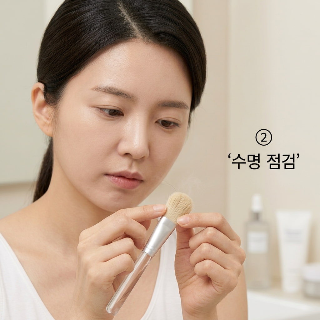 모 브러쉬 교체 기준에 따라 두 손으로 세척이 끝난 브러쉬의 모 끝부분을 가볍게 만지며 모 빠짐이나 뭉침, 냄새가 없는지 꼼꼼히 점검하는 모습.