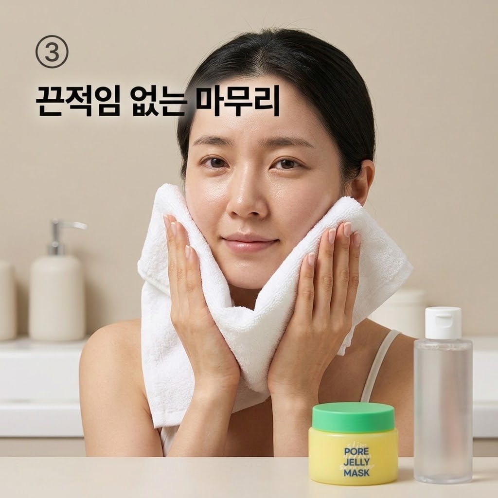 젤리팩 사용 후 미끈거림을 없애기 위해 여러 번 헹궈낸 뒤, 두 손으로 수건을 가볍게 눌러 물기를 제거하며 끈적임을 줄이는 모습.