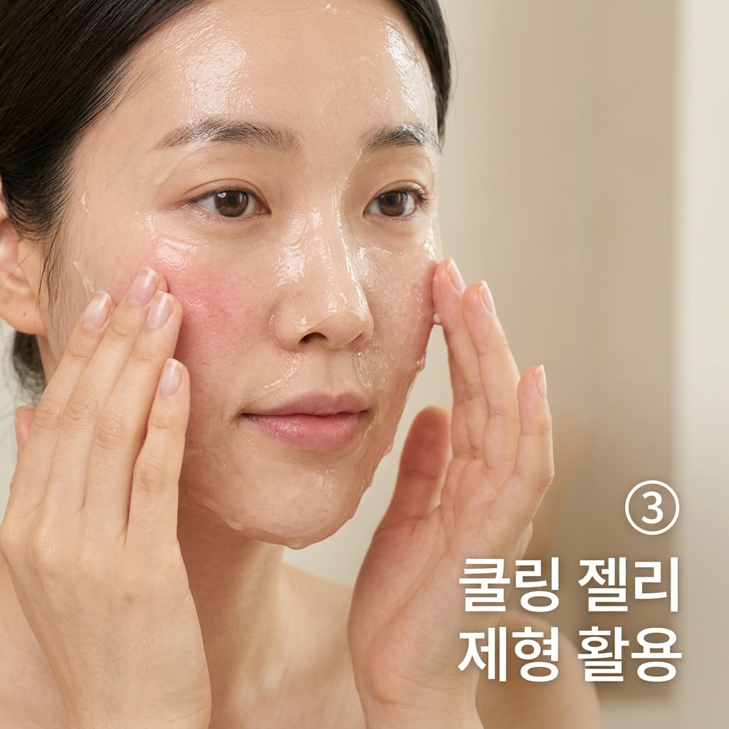 모공과 칙칙함 등 복합적인 피부 고민 해결을 위해 두 손으로 그린토마토 모공 팩과 머루포도 비타씨 마스크를 부위별로 바르는 모습.