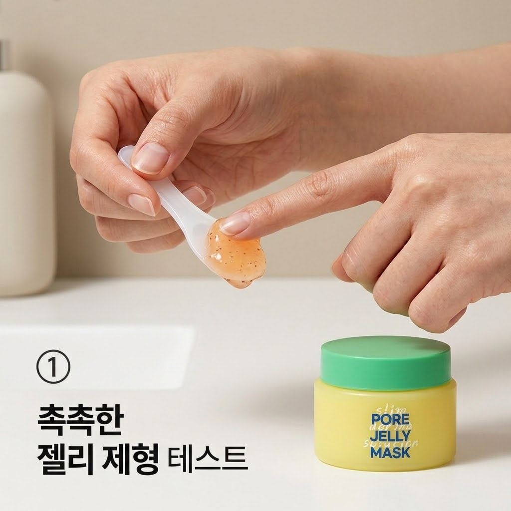 클레이 제형의 당김이 부담스러운 피부를 위해 두 손으로 랩잇 포어 젤리 마스크 50ml의 촉촉한 젤리 텍스처를 덜어내어 부드럽게 테스트하는 모습.