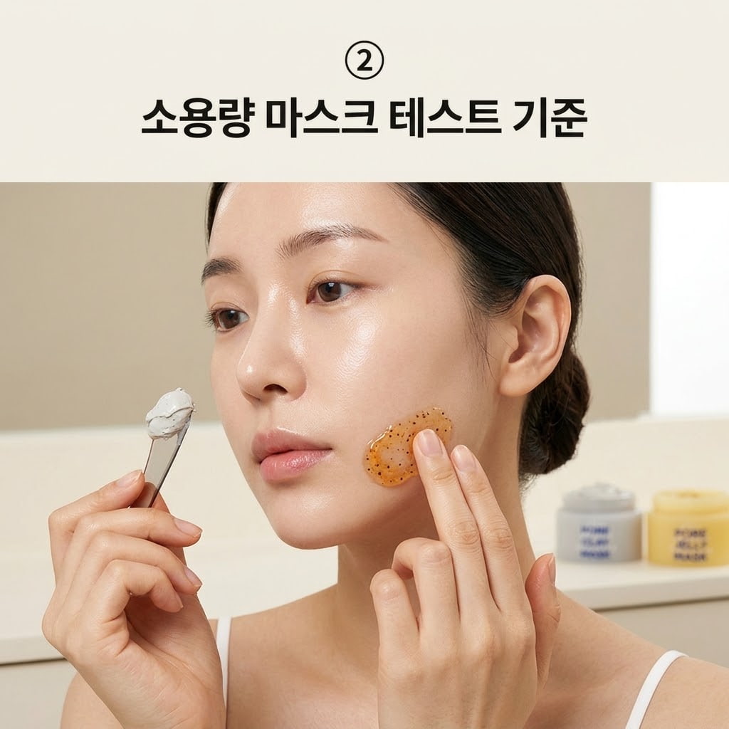내 피부와 제형의 궁합을 확인하기 위해 두 손으로 50ml 소용량 랩잇 포어 클레이 마스크를 턱선에 조금 짜서 부드럽게 피부 반응을 테스트하는 모습.