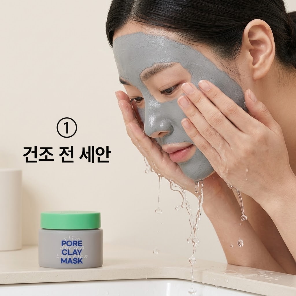 랩잇 포어 클레이 마스크가 완전히 말라 갈라지기 전, 피부 자극을 방지하기 위해 두 손으로 미온수를 가볍게 끼얹어 팩을 부드럽게 씻어내는 모습.