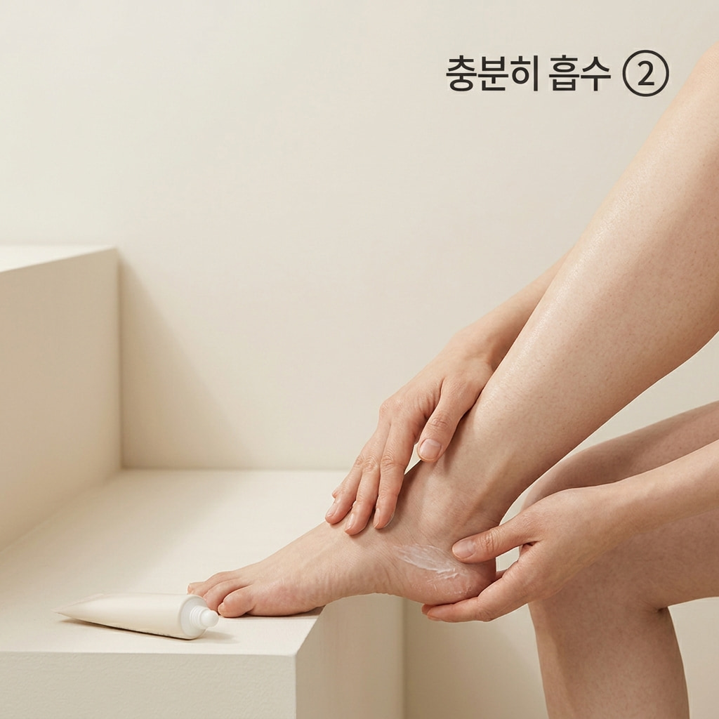 갈라진 발뒤꿈치 보습을 위해 두 손으로 크림을 얇게 펴 바른 뒤 건조한 가장자리에 한 번 더 소량을 덧바르는 모습.