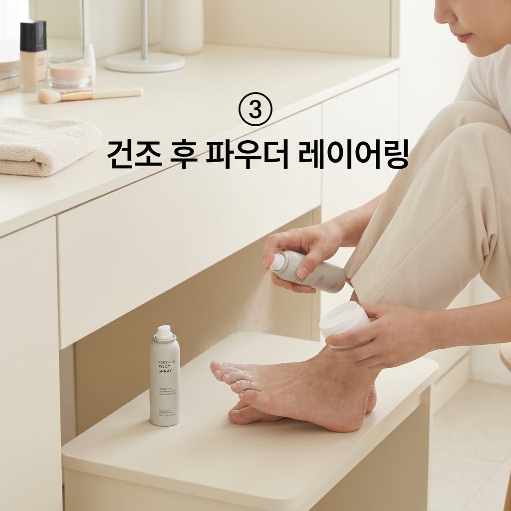 풋스프레이와 풋파우더 동시 사용을 위해 두 손으로 스프레이가 완전히 마른 발바닥에 파우더를 얇게 덧바르며 보송함을 확인하는 모습.