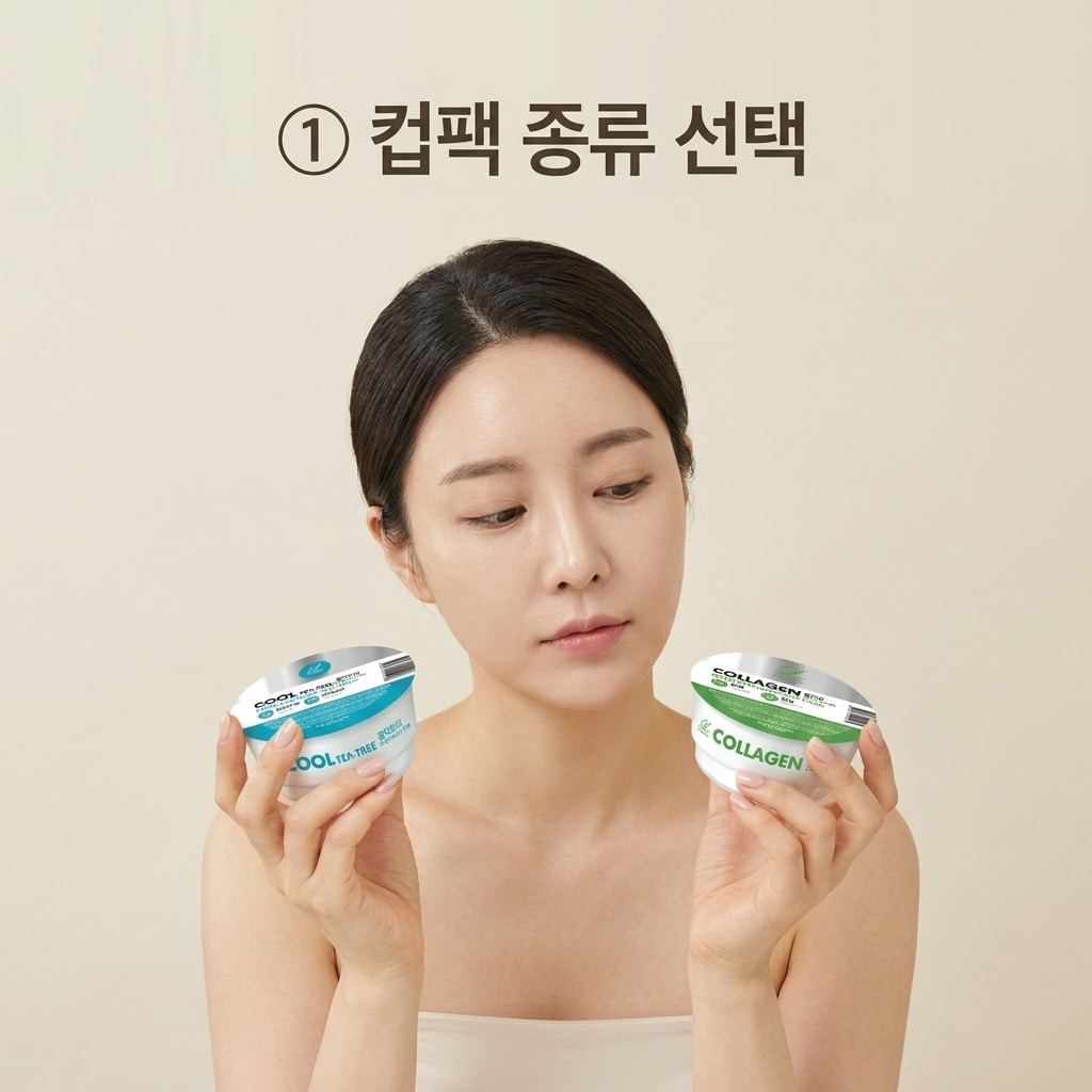 다양한 피부 고민 해결을 위해 두 손으로 린제이 모델링 컵팩 라벤더와 쿨티트리를 들고 성분과 가격을 꼼꼼히 비교하는 모습.