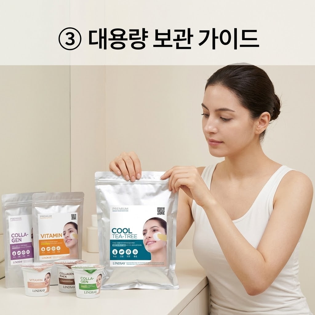 컵팩 사용 후 피부에 잘 맞는 라인을 확인하고 두 손으로 린제이 대용량 1kg 파우치의 지퍼를 단단히 닫아 보관하는 모습.