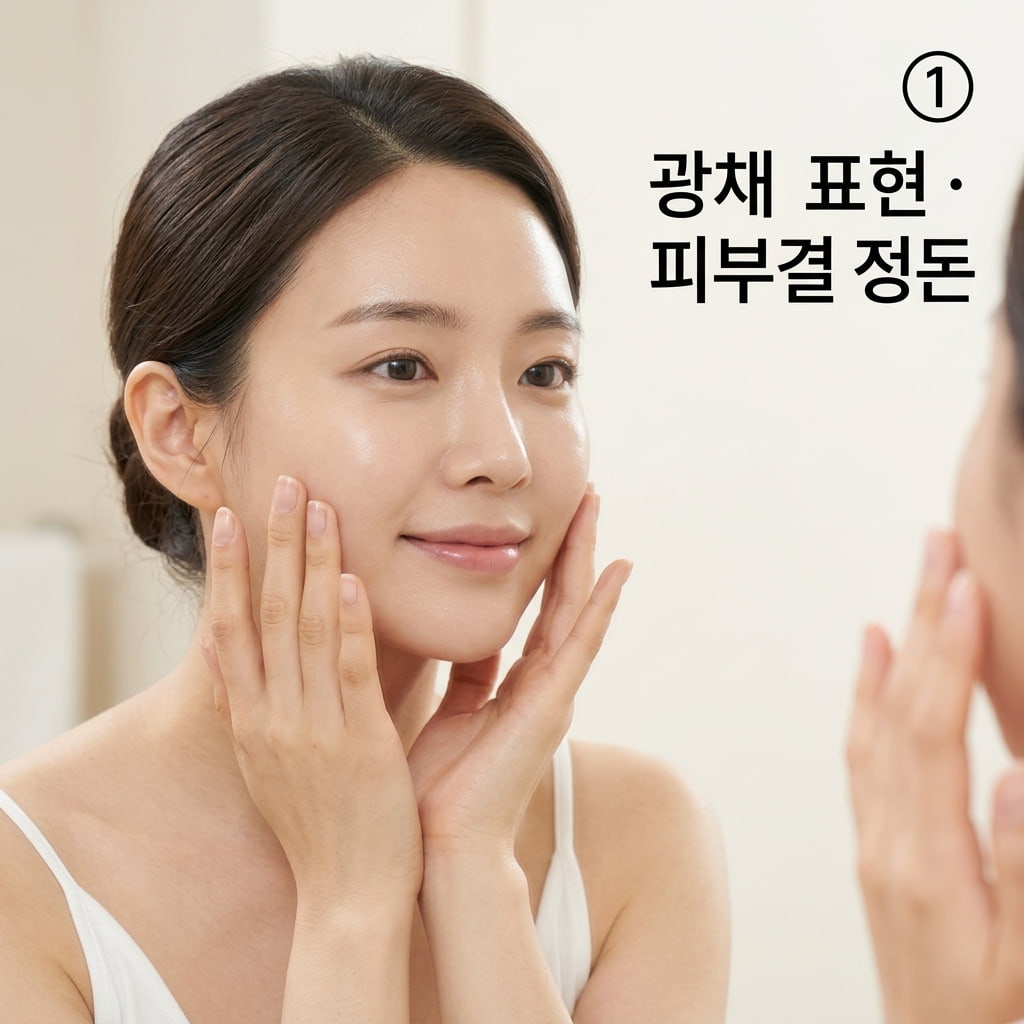 광채 표현과 피부결 정돈 장점을 확인하기 위해 두 손으로 매끈해진 볼을 가볍게 만지며 메이크업 전 바탕을 점검하는 모습.