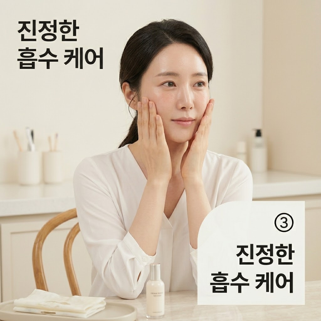 마스크팩 성분 흡수 돕는 후속 보습 마스크팩 성분 흡수율을 높이기 위해 시트팩 제거 후 두 손으로 화장대에서 보습 크림을 덜어 얼굴 전체에 부드럽게 펴 바르는 모습.