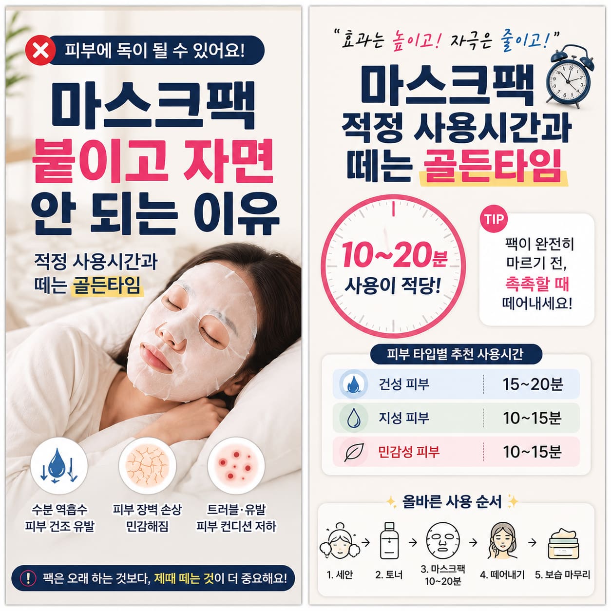 마스크팩 적정 사용시간 10~20분과 피부 타입별 권장 시간, 마스크팩을 떼어내는 올바른 순서를 보여주는 이미지