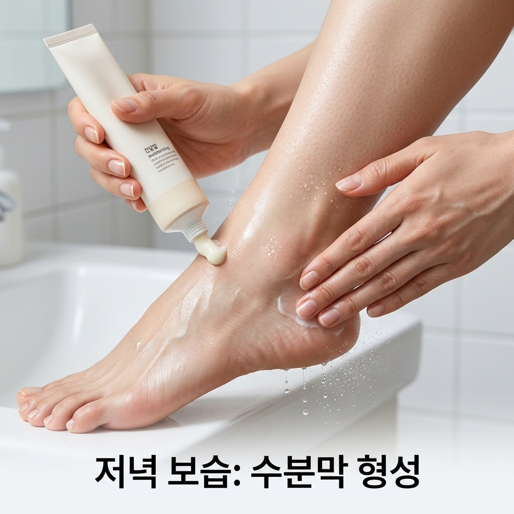 발뒤꿈치 갈라짐 예방을 위해 깨끗하게 씻고 건조한 발에 두 손을 이용해 고보습 풋크림을 듬뿍 바르며 둥글게 마사지하여 흡수시키는 모습.