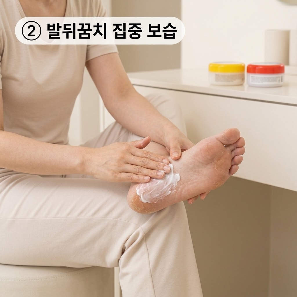 우레아와 에뮤오일 성분이 함유된 보습 크림의 효과를 높이기 위해 두 손으로 넉넉한 양을 덜어 하얗게 일어난 발뒤꿈치를 부드럽게 마사지하는 모습.