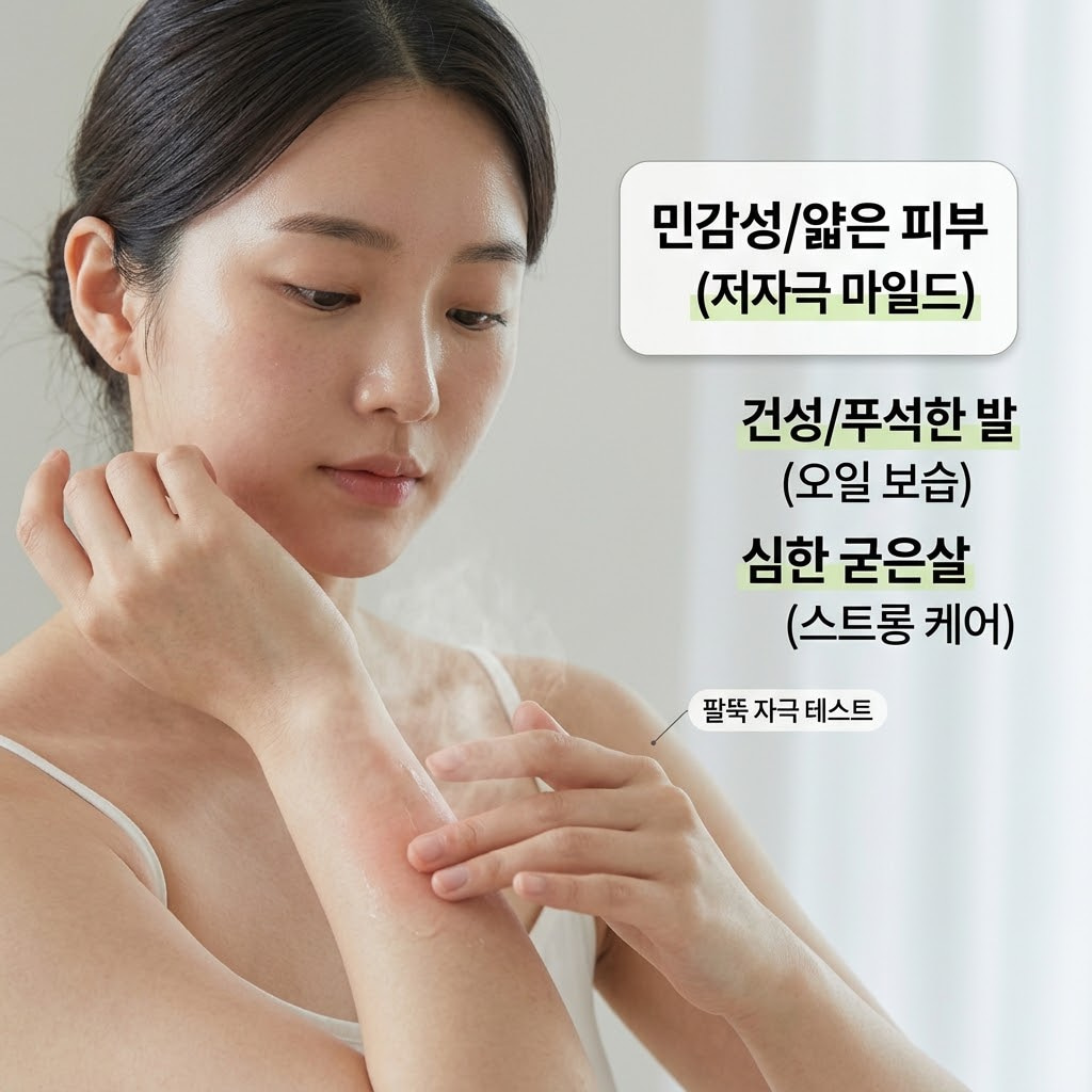 포근한 조명이 켜진 파우더룸 의자 위. "두 개의 사람 손"이 발바닥의 심한 굳은살 부위에만 스트롱 집중 케어용 국소 패치를 정교하게 밀착시켜 붙여주는 맞춤형 관리 액션을 취하고 있습니다. 그 옆에는 건성 피부를 위한 촉촉한 오일 보습 필링 에센스가 맑은 투명 유리 소재의 "계량컵 없는 믹싱 볼" 안에 찰랑이며 담겨 있어, 얇고 민감한 피부부터 단단한 굳은살까지 각자의 발 상태(타입)에 꼭 맞는 제품을 다채롭게 활용하는 전문적인 뷰티 루틴을 묘사합니다.