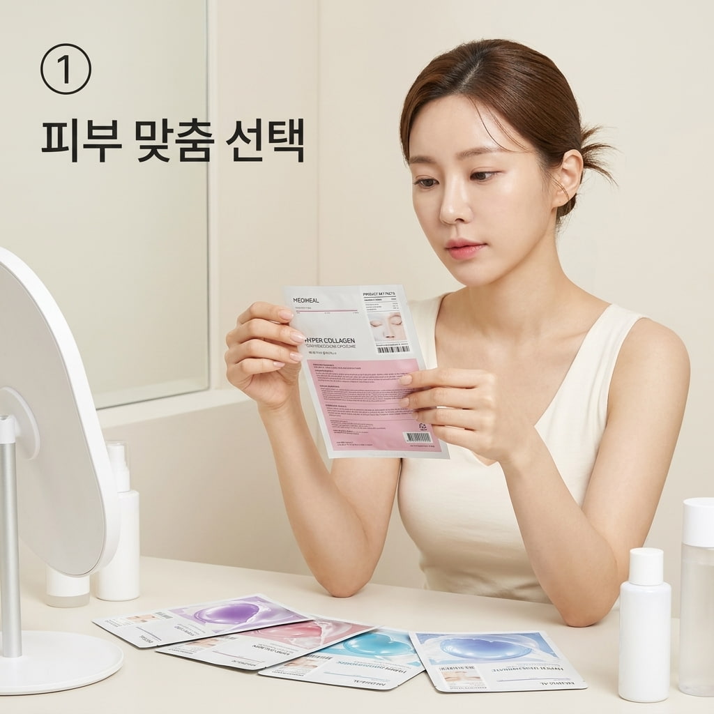 메디힐 하이퍼 겔마스크 4종 구성이 내 피부에 맞는지 판단하기 위해 두 손으로 마스크팩 파우치 하나를 신중하게 골라 성분을 확인하는 모습.