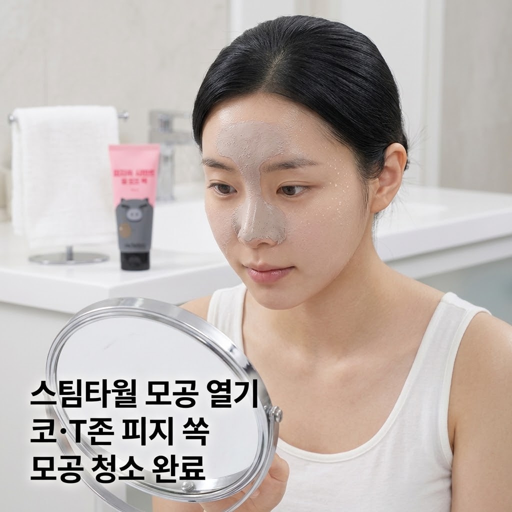 지성 필오프팩 추천 미팩토리 피지쏙 시멘트. T존 피지 제거 및 블랙헤드 코팩을 위해 스팀타월 모공 열기 후 집중 청소하는 모습.