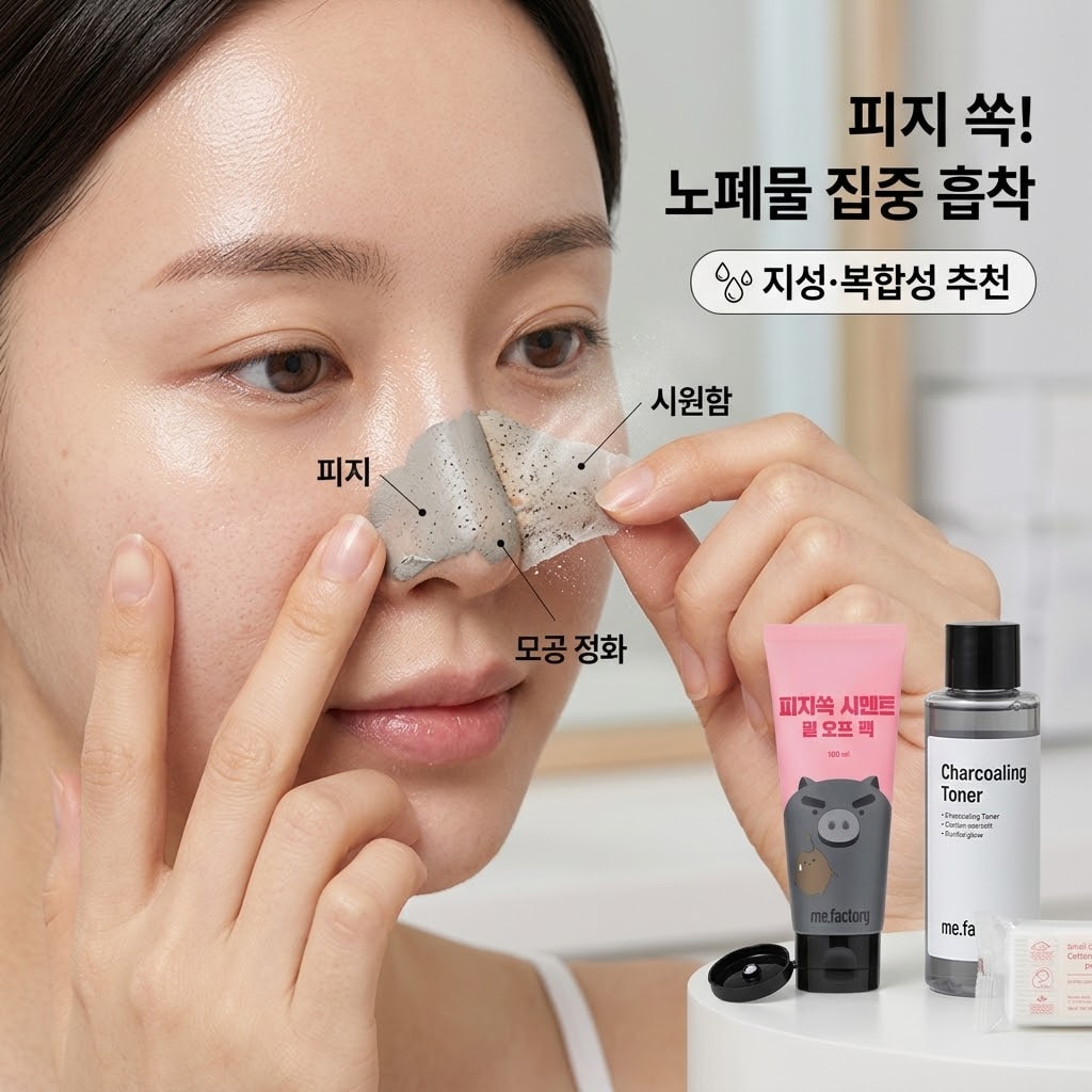 지성 피부 다이소 팩 미팩토리 피지쏙 시멘트 필오프팩. 코와 T존 블랙헤드 제거 및 강력한 모공 청소를 위해 팩을 바르는 모습.