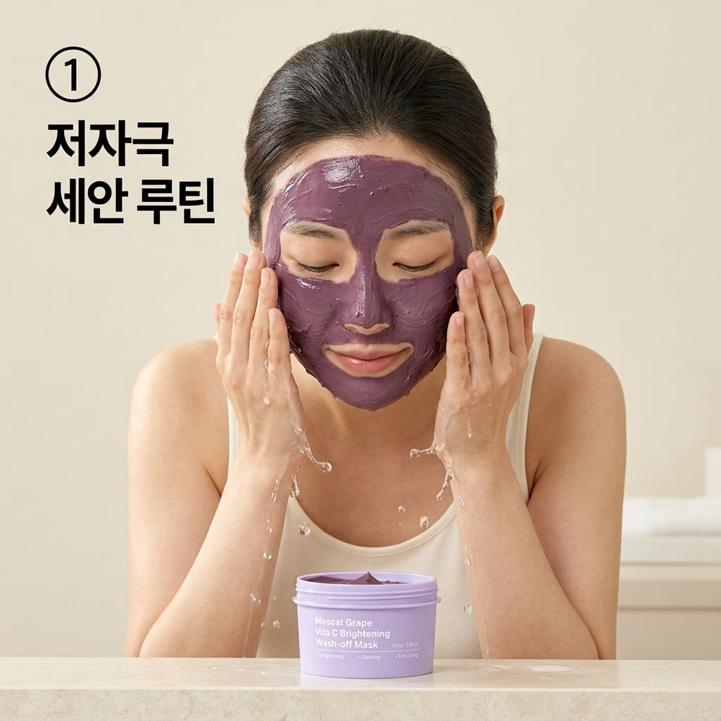 포도씨 입자로 인한 마찰을 줄이기 위해 두 손으로 미온수를 묻혀 머루포도 비타씨 크리미 머드팩을 부드럽게 헹궈내는 모습.