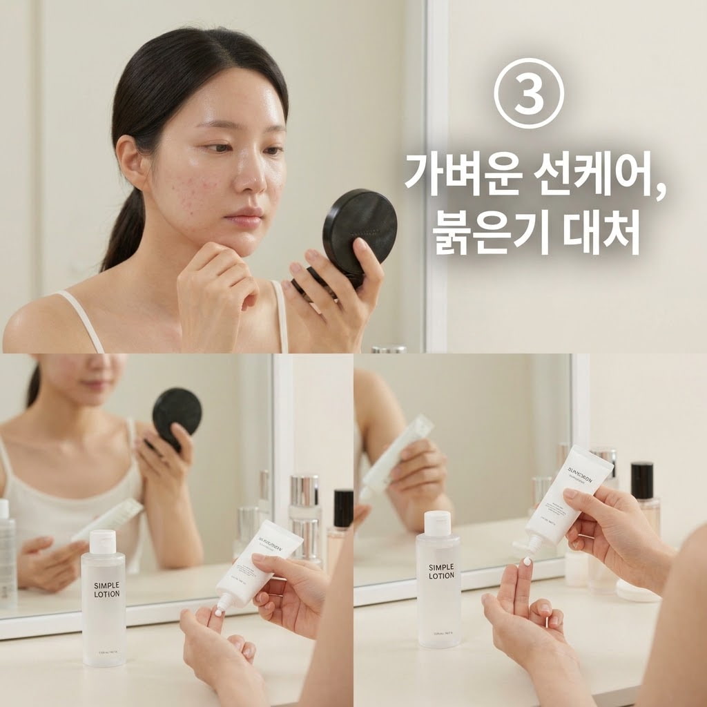 자극받은 붉은기 메이크업 커버를 최소화하기 위해 두 손으로 두꺼운 파운데이션 대신 자외선 차단제를 덜어 얇고 부드럽게 펴 바르는 모습.