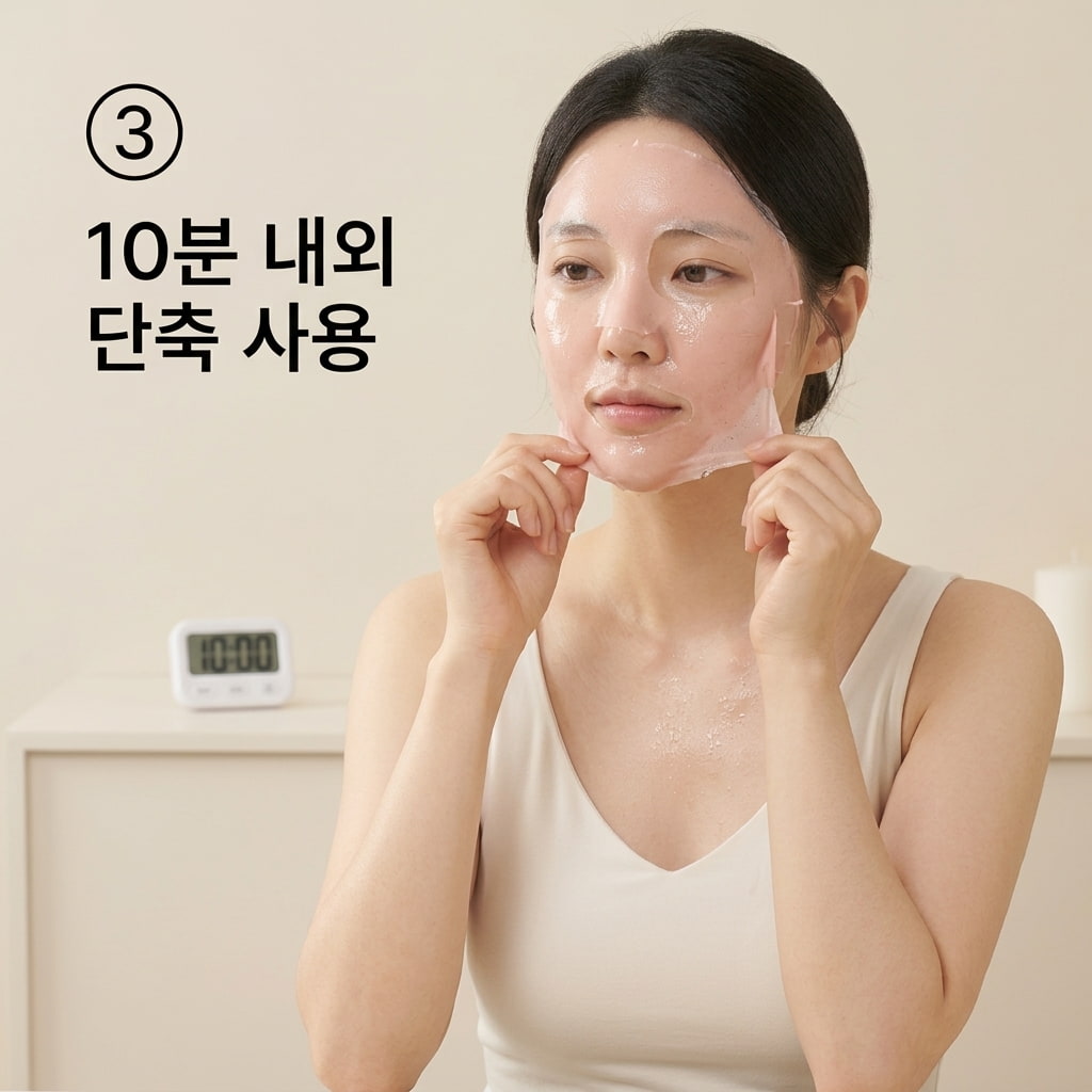 건조함 예방을 위한 10분 단축 사용 극건성 피부의 수분 손실을 막기 위해 10분이 지난 후 두 손으로 살짝 덜 굳은 콜라겐 모델링팩을 가장자리부터 조심스럽게 떼어내는 모습.