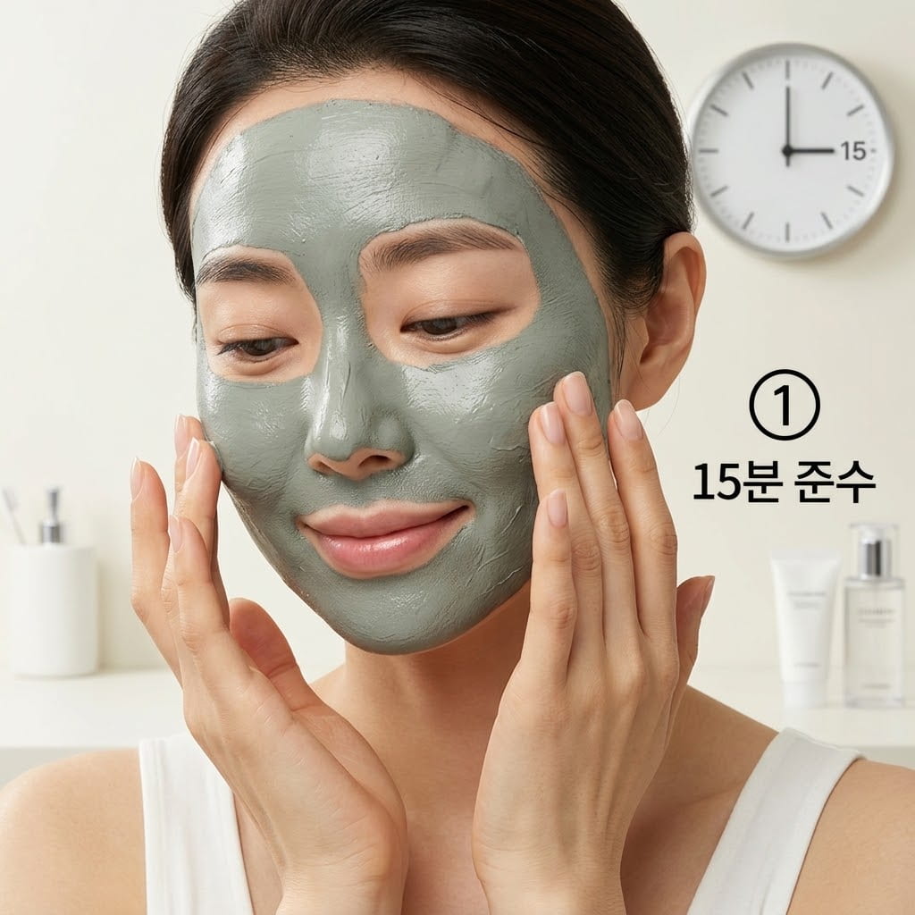 모델링팩 15분 골든타임 확인 모델링팩의 15분 골든타임을 지키기 위해 두 손등으로 팩 표면의 굳은 상태를 만져보며 피부 수분 손실 부작용을 예방하는 모습.