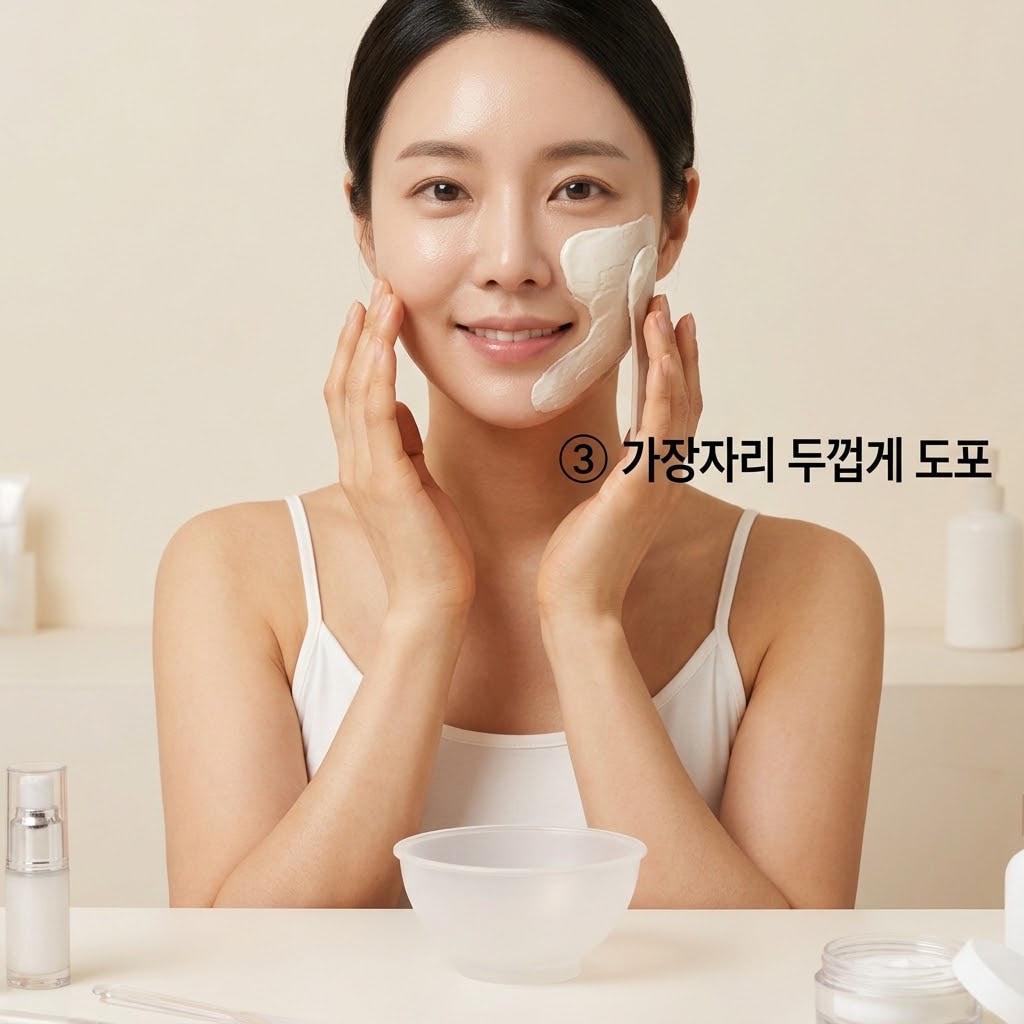 가장자리를 두껍게 바르는 도포 요령 잔여물 없이 깔끔하게 떼어내기 위해 두 손으로 스파출라를 쥐고 볼부터 시작해 팩의 가장자리 테두리를 도톰하게 펴 바르는 모습.