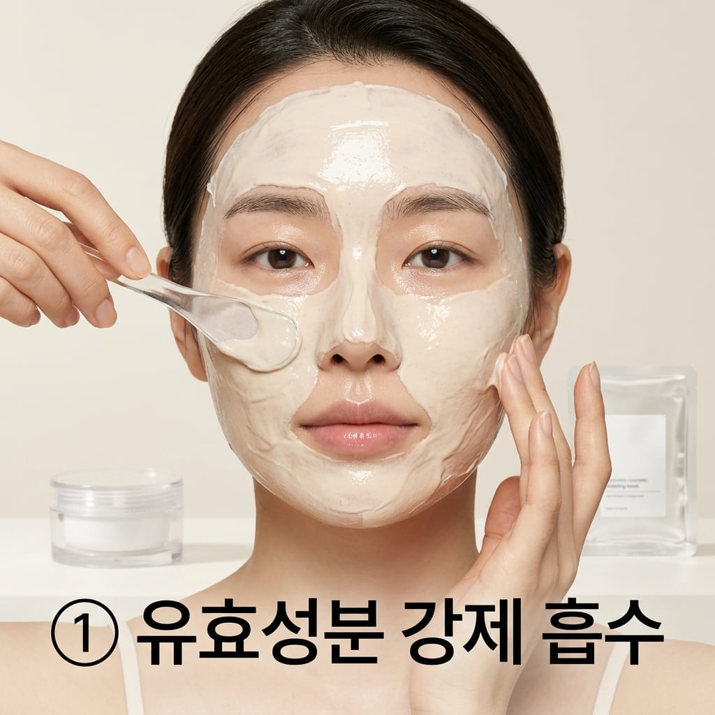 유효 성분 강제 흡수 모델링팩 원리 규조토 성분의 모델링팩이 스킨케어 유효 성분을 강제 흡수하도록 두 손으로 스파출라를 이용해 얼굴에 팩을 도톰하게 펴 바르는 모습.