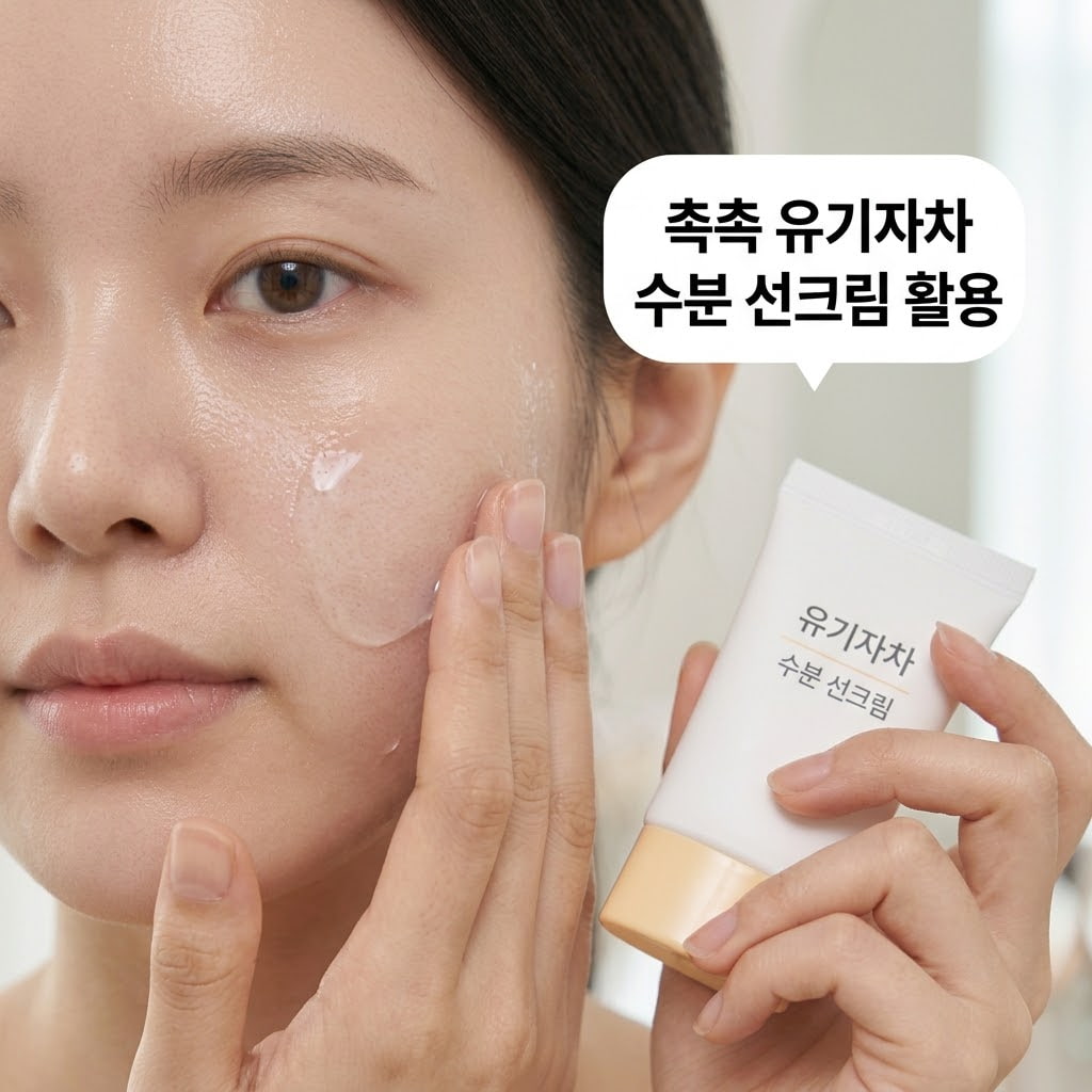 화장 전 유기자차 수분 선크림 밀착 촉촉한 유기자차 수분 선크림을 선택하여 두 손바닥으로 로션처럼 부드럽게 문지르며 피부 표면에 매끄럽게 밀착시키는 모습.