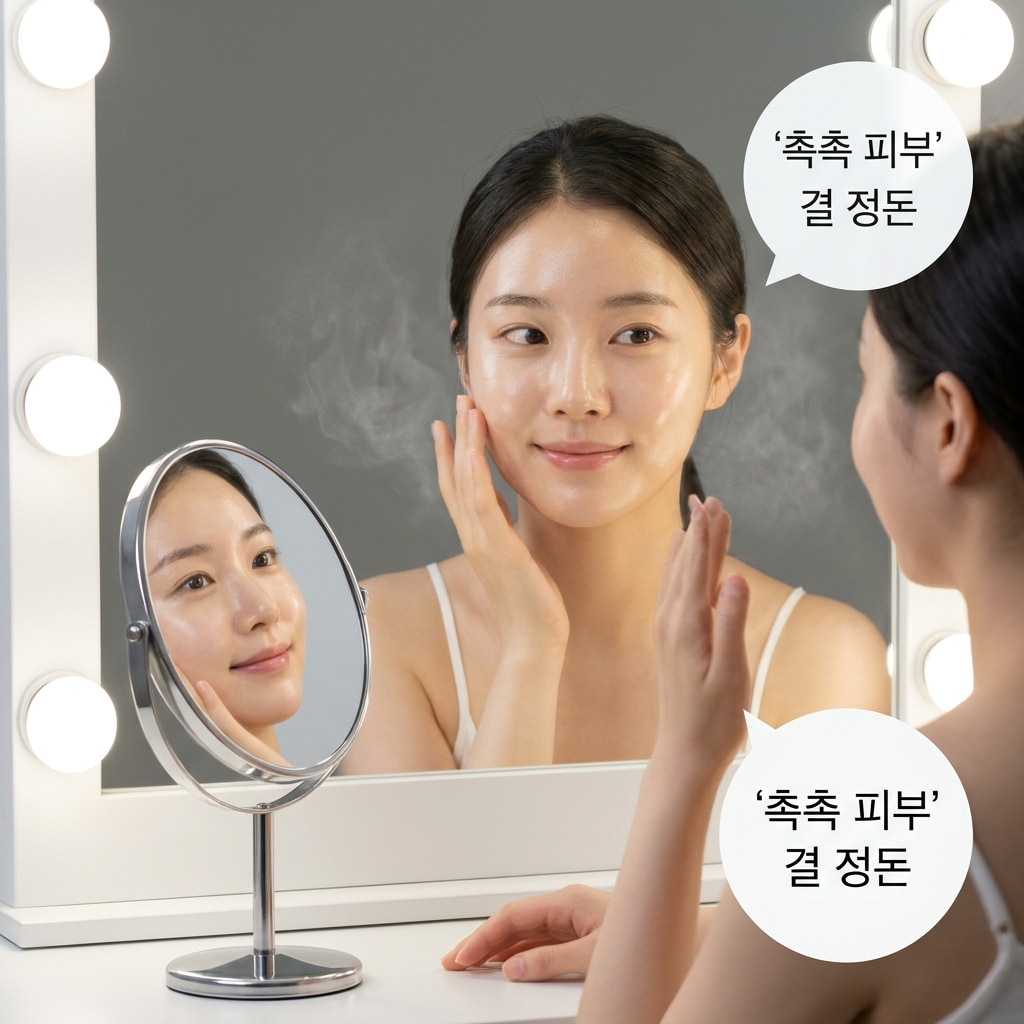 촉촉한 피부 표현을 위한 랩핑 마스크팩 선택 기준에 맞춰 거울 앞에서 두 손으로 얼굴을 감싸며 메이크업 전 피부결을 가볍게 정돈하는 동작.