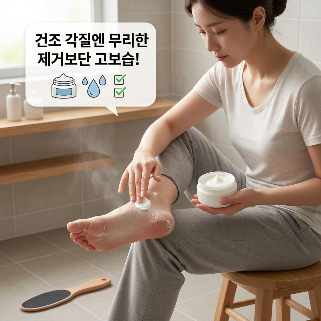 촉촉한 습기가 남아있는 샤워 후의 욕실. "두 개의 사람 손"이 하얗게 들뜨고 푸석해진 발바닥에 물리적인 제거 도구 대신 수분감이 풍부한 풋 전용 크림을 듬뿍 떠서 꼼꼼하게 펴 바르는 보습 액션을 취하고 있습니다. 세면대 위에는 크림에 섞어 쓸 유분기 있는 에센셜 오일이 차가운 스테인리스 소재의 "계량컵 없는 믹싱 볼" 안에 덜어져 있어, 자극적인 스크럽을 멈추고 유수분 밸런스를 맞추는 데 온전히 집중하는 상황을 묘사합니다.