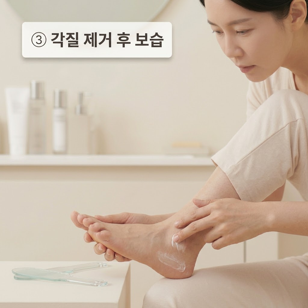 발각질 제거 후 올바른 보습 순서를 지키기 위해 두 손으로 세척이 끝난 풋파일을 옆에 두고 건조한 발뒤꿈치에 크림을 얇게 펴 바르는 모습.