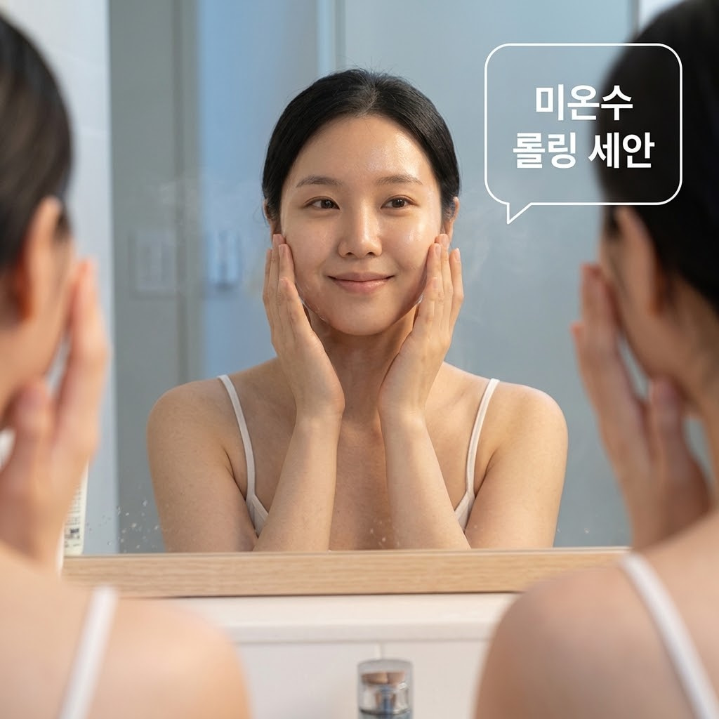 따스한 아침 햇살이 비치는 깨끗한 욕실 세면대 앞. "두 개의 사람 손"이 미온수를 가볍게 떠서 얼굴에 얹은 후, 밤사이 굳어 있던 랩핑 코팅막과 노폐물을 부드럽게 롤링하며 자극 없이 씻어내는 세안 액션을 취하고 있습니다. 세면대 한편에는 세안 직후 깐달걀 윤광을 극대화해 줄 맑은 수분 토너가 투명 유리 소재의 "계량컵 없는 믹싱 볼" 곁에 싱그럽게 세팅되어 있어, 스페셜 케어 다음 날의 매끄럽고 완벽한 아침 루틴을 보여줍니다.