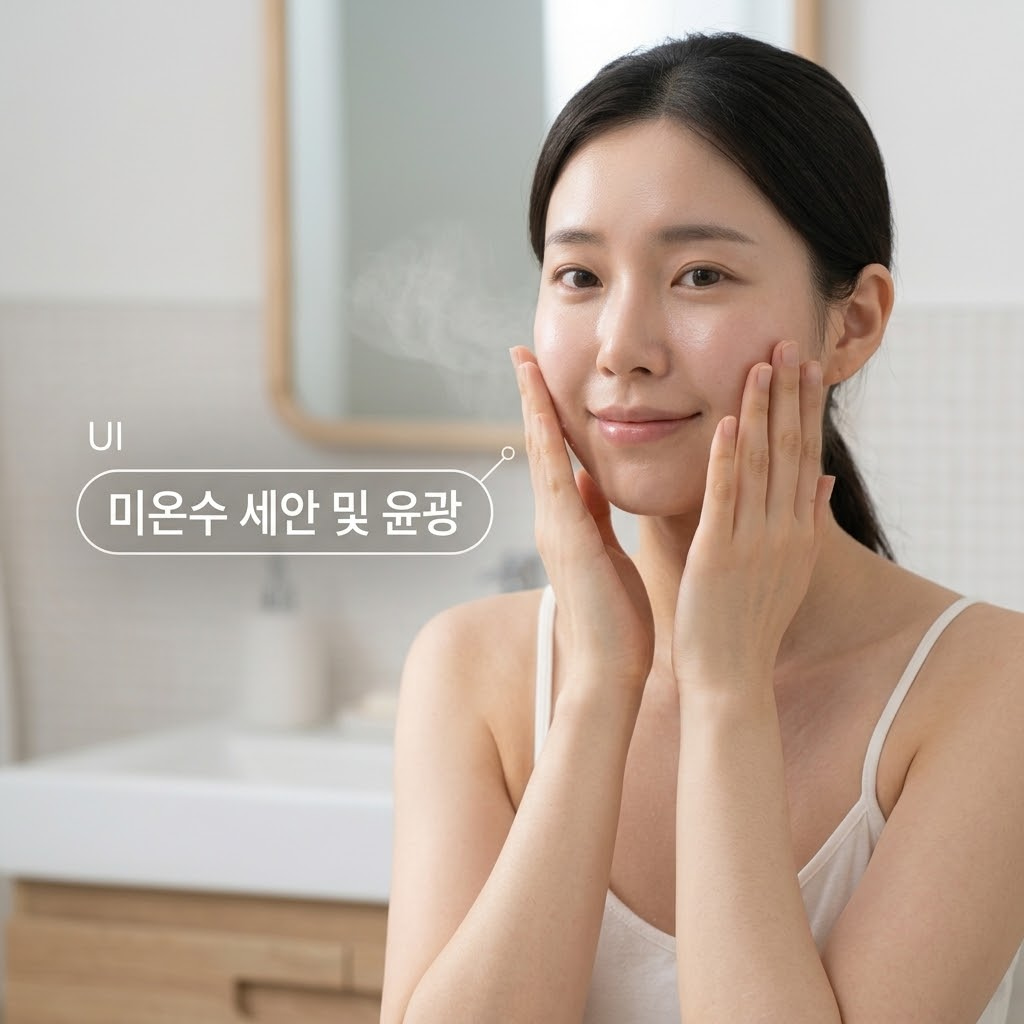 햇살이 부드럽게 들어오는 밝고 깨끗한 욕실 세면대 앞. "두 개의 사람 손"이 미온수를 이용해 밤새 굳어 있던 팩 코팅막과 노폐물을 자극 없이 부드럽게 롤링하며 씻어내는 세안 액션을 취하고 있습니다. 세면대 한쪽에는 세안 직후 깐달걀 윤광을 살려줄 수분 토너가 맑은 투명 유리 소재의 "계량컵 없는 믹싱 볼" 곁에 싱그럽게 놓여 있어, 스페셜 케어 다음 날의 매끄럽고 완벽한 아침 루틴을 보여줍니다.