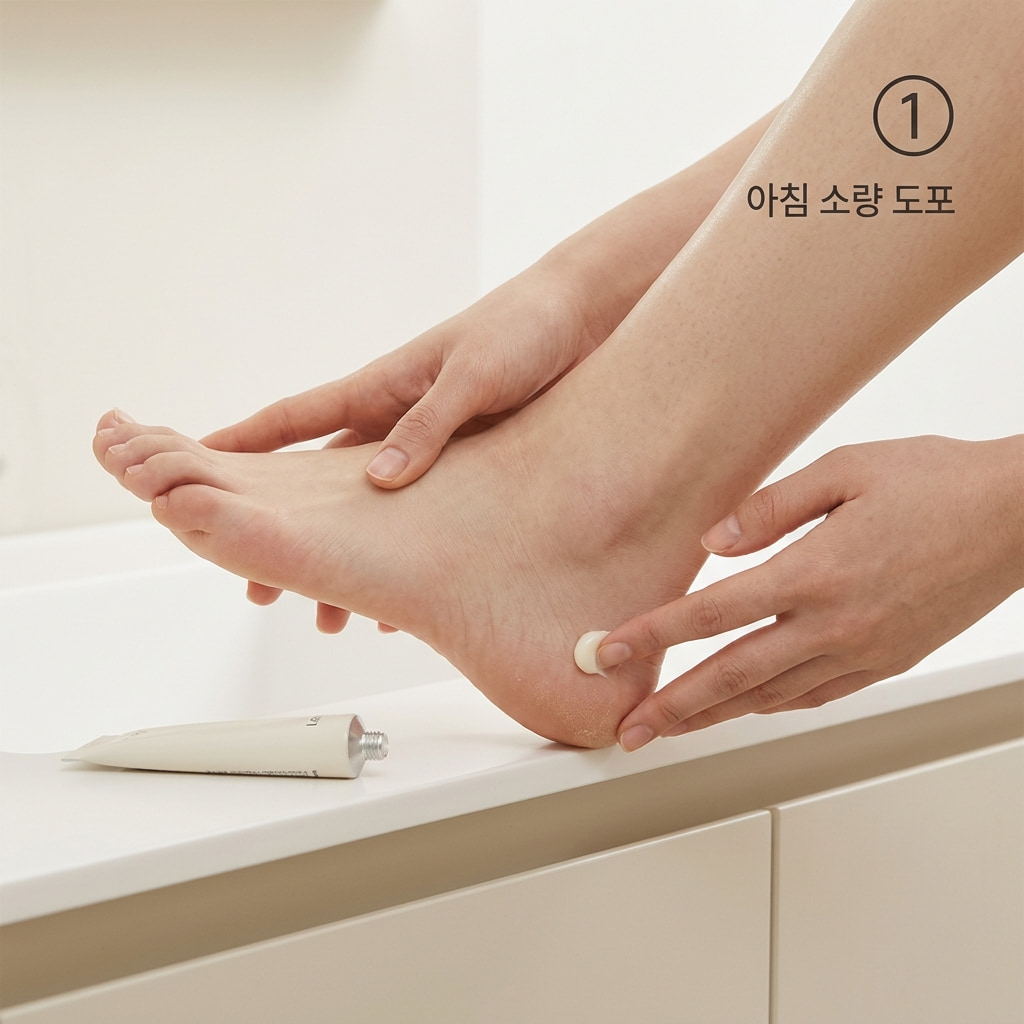 밤 풋크림 집중 보습을 위해 두 손으로 넉넉한 양의 보습제를 덜어 발뒤꿈치 가장자리와 굳은살 부위를 부드럽게 마사지하는 모습.