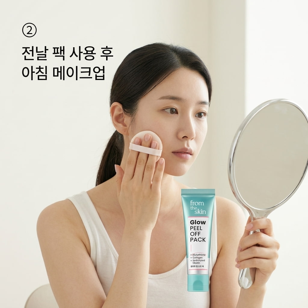 화장 전 사용과 전날 밤 사용의 차이를 비교하기 위해 두 손으로 메이크업 쿠션을 쥐고 아침 피부에 가볍게 두드리며 베이스 밀착력을 테스트하는 모습.