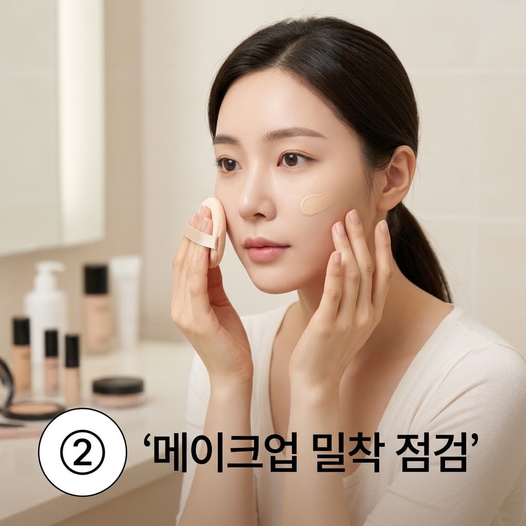 다음 날 세안 후 메이크업 밀착 변화를 확인하기 위해 두 손으로 메이크업 퍼프를 단단히 쥐고 볼 부위에 파운데이션을 꼼꼼히 두드려 바르는 모습.
