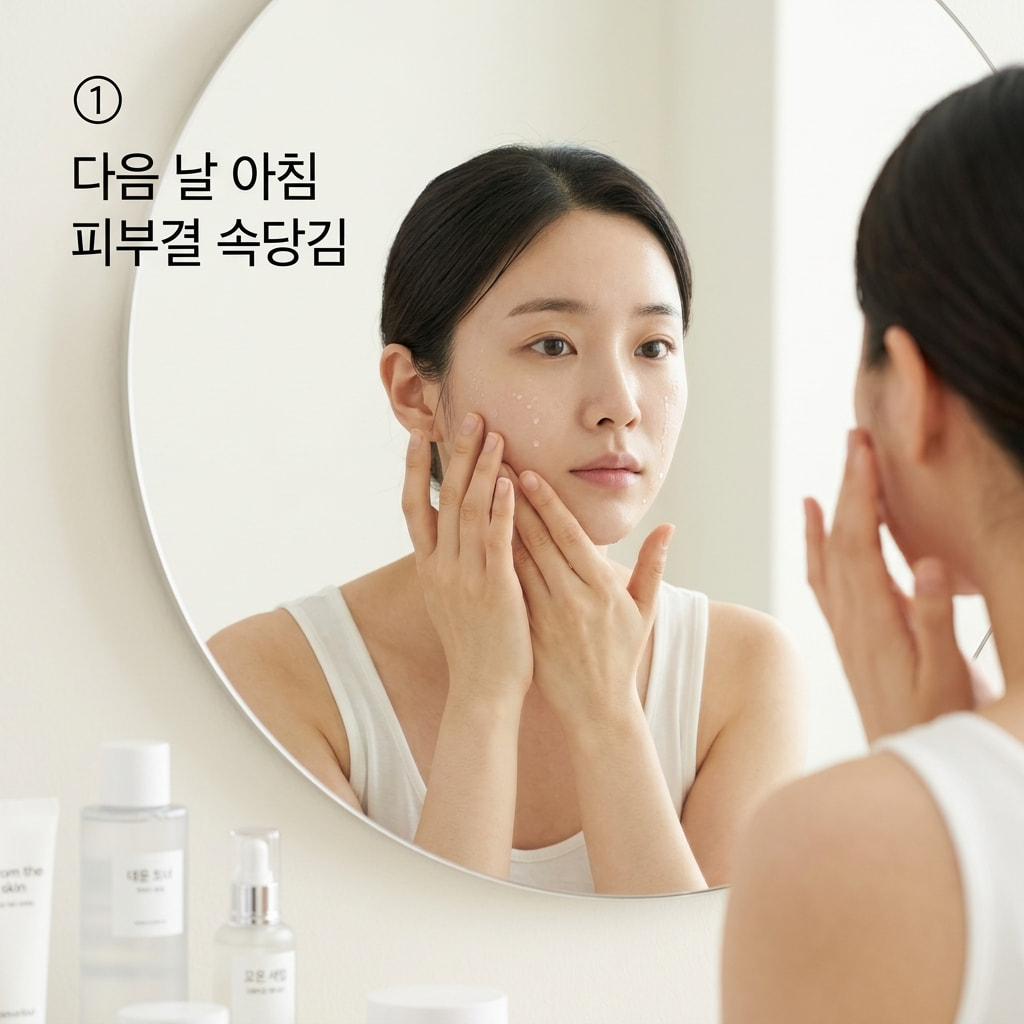 다음 날 아침 피부결과 속당김을 점검하기 위해 두 손으로 세안을 마친 양볼을 지그시 감싸며 피부의 수분 상태를 꼼꼼하게 확인하는 모습.
